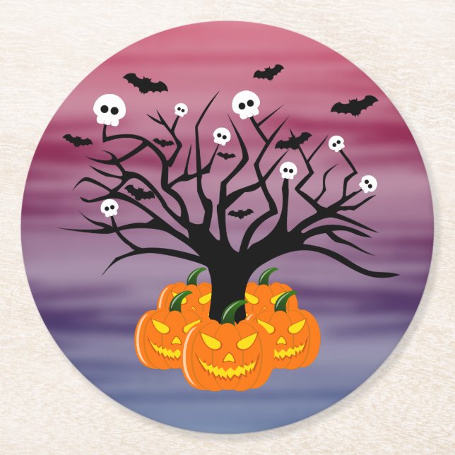 Halloween Pumpkin Jack o’ Lantern Totenbaum Runder Pappuntersetzer (Vorderseite)