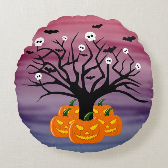 Halloween Pumpkin Jack o’ Lantern Totenbaum Rundes Kissen (Vorderseite)