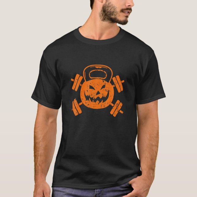 Halloween Pumpkin Kettlebell Fitness Workout Gymme T-Shirt (Vorderseite)