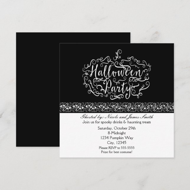 Halloween Pumpkin Schwarz-weiße Einladungen elegan (Vorne/Hinten)