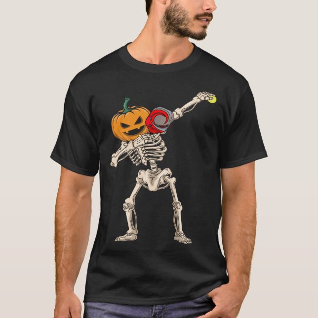 Halloween Pumpkin Skeleton Pickleball Dabbing T-Shirt (Vorderseite)