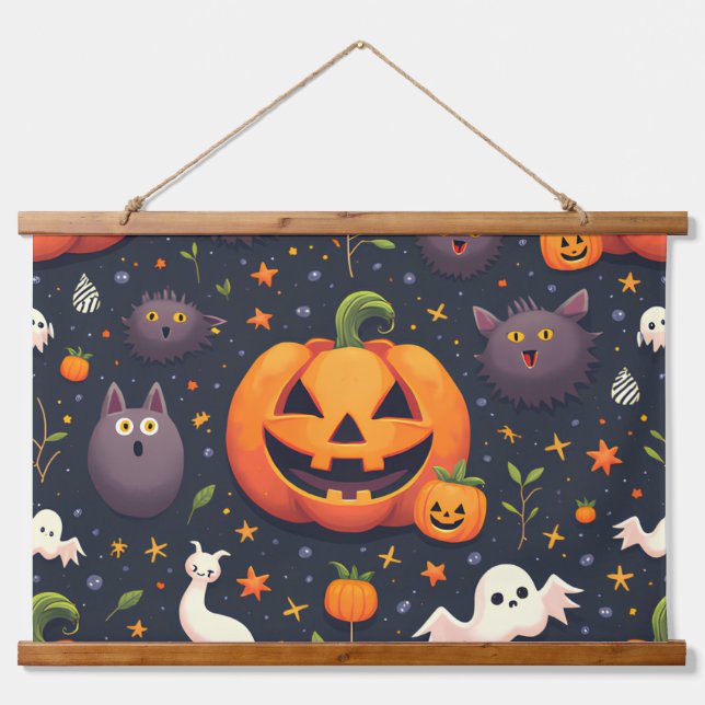 Halloween Pumpkin Wood Topped Wall Tapestes Wandteppich Mit Holzrahmen (Vorne)