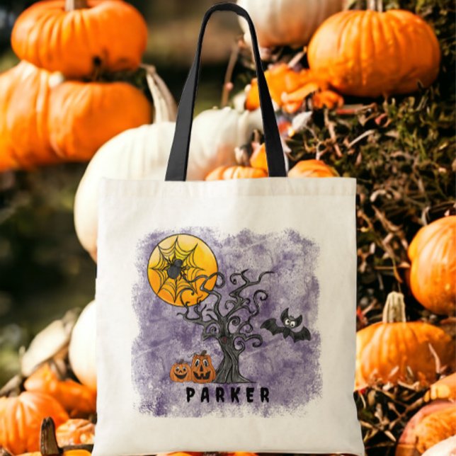 Halloween Pumpkins Bat Spooky Tree Name Lila Tragetasche (Von Creator hochgeladen)