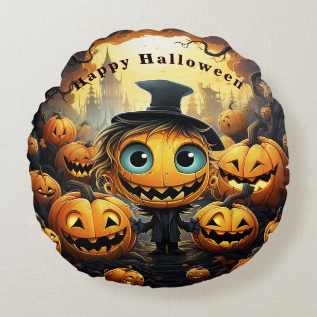 Halloween Pumpkins Happy Halloween Rundes Kissen (Vorderseite)