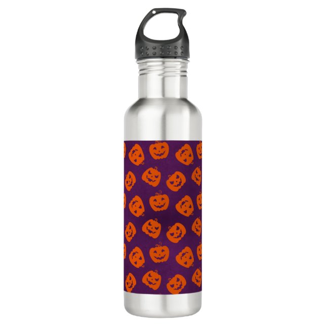 Halloween Pumpkins im Lila Hintergrundemuster Edelstahlflasche (Vorderseite)