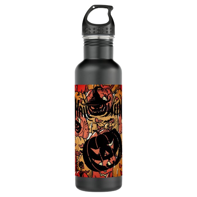 Halloween, Pumpkins Party, Black Pink Edelstahlflasche (Vorderseite)