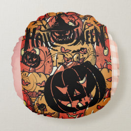 Halloween, Pumpkins Party , Black Pink, Rundes Kissen