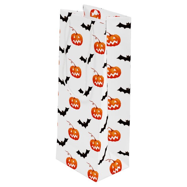 Halloween Pumpkins und Fledermäuse, Trick oder Tre Geschenktüte Für Weinflaschen (Rückseite Schrägansicht)