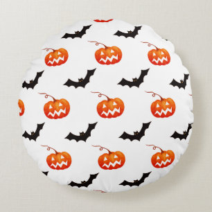 Halloween Pumpkins und Fledermäuse, Trick oder Tre Rundes Kissen