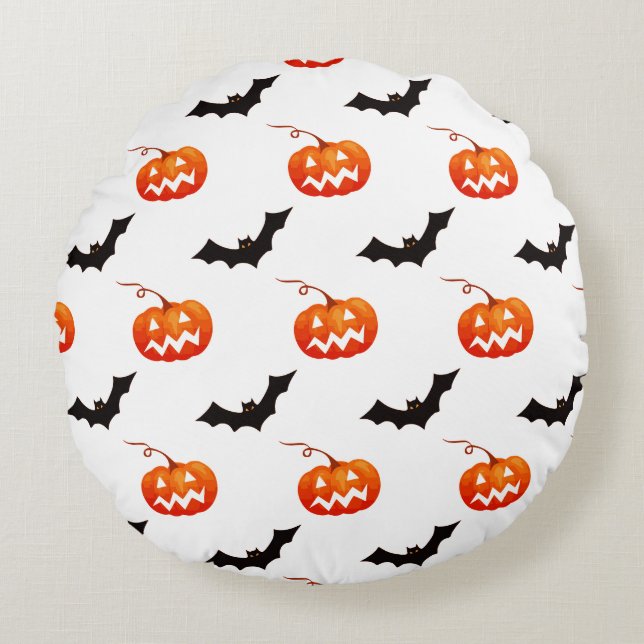 Halloween Pumpkins und Fledermäuse, Trick oder Tre Rundes Kissen (Vorderseite)