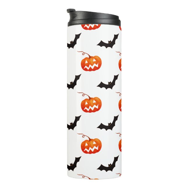 Halloween Pumpkins und Fledermäuse, Trick oder Tre Thermosbecher (Nach rechts gedreht)