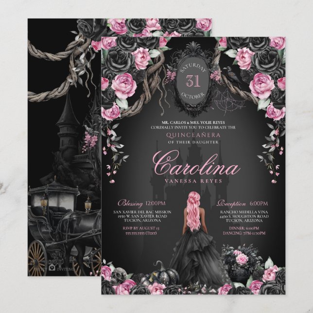 Halloween Quinceañera Black & Pink Gothic Princess Einladung (Vorne/Hinten)