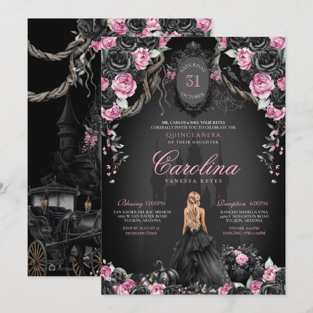 Halloween Quinceañera Black & Pink Gothic Princess Einladung (Vorne/Hinten)