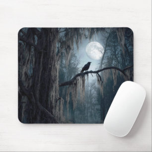 Halloween-Rabe in einem unheimlichen Wald Mousepad