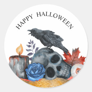 Halloween-Rabe-Schädel-Augapfel-Aquarell Runder Aufkleber