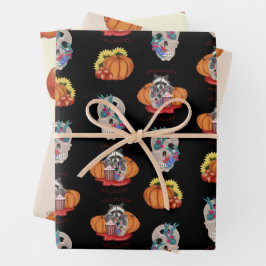 Halloween Raccoon mit Schädel und Kürbis Geschenkpapier Set
