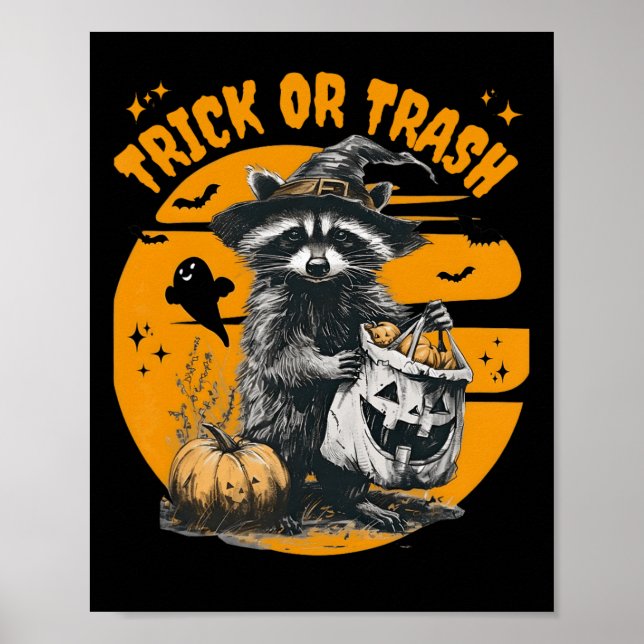 Halloween Raccoon Trick oder Mülleimer Retro Racco Poster (Vorne)