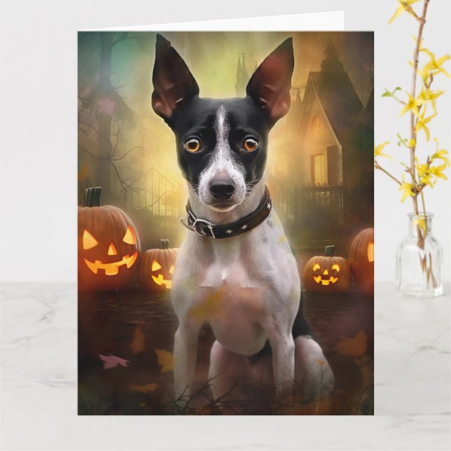 Halloween Rat Terrier mit Pumpkins Beängstigend Karte (Gelbe Blume)