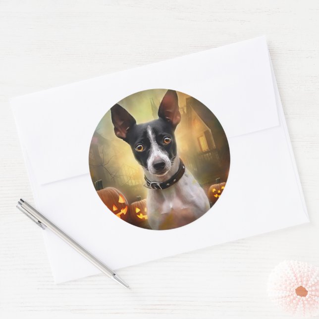 Halloween Rat Terrier mit Pumpkins Beängstigend Runder Aufkleber (Umschlag)