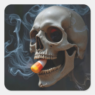 Halloween rauchender Totenkopf beißt Candy Corn Quadratischer Aufkleber