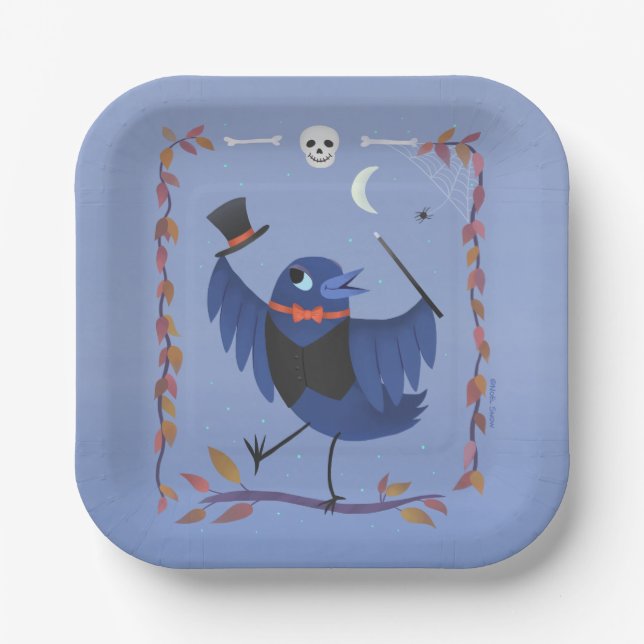 Halloween Raven Crow Moon Blue Pappteller (Vorderseite)