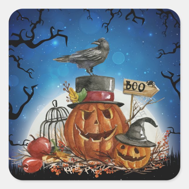 Halloween Raven Pumpkin Party Quadratischer Aufkleber (Vorderseite)
