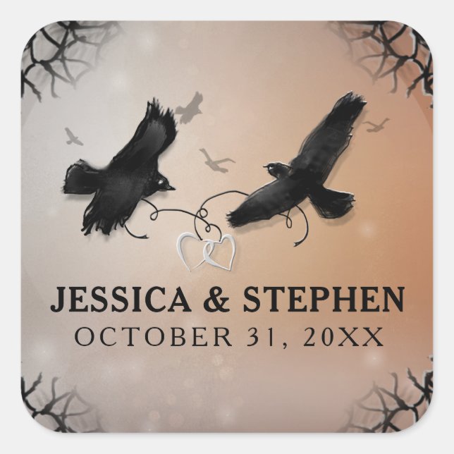 Halloween Ravens mit dem Herz-Hochzeitsplatz Quadratischer Aufkleber (Vorderseite)