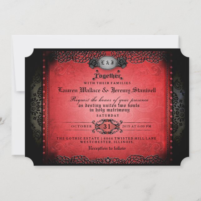 Halloween Red Black Gothic Together Wed EMPFANG Einladung (Vorderseite)