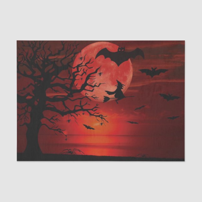 Halloween Red Full Moon Black Tree Witch Bat Beäng Seidenpapier (Vorderseite)