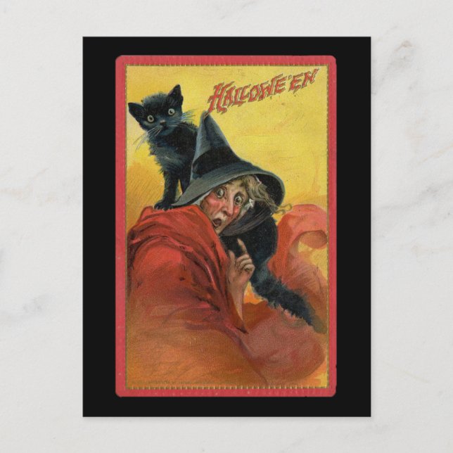 Halloween Red Hexe & Black Cat Vintag Postkarte (Vorderseite)
