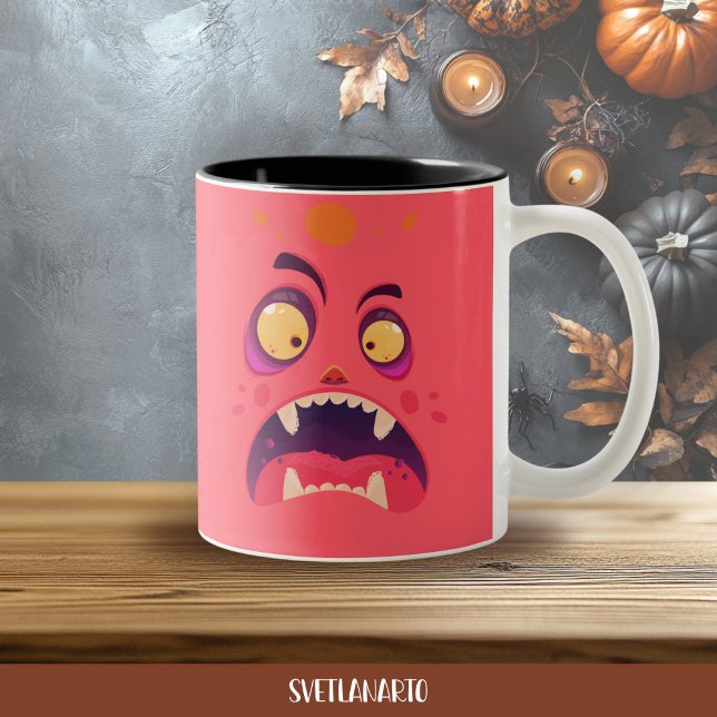 Halloween Red Shocked Monster Coffee Mug Zweifarbige Tasse (Frontal view)