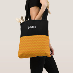 Halloween Retro Bright Orange Zickzack Black Name Tasche