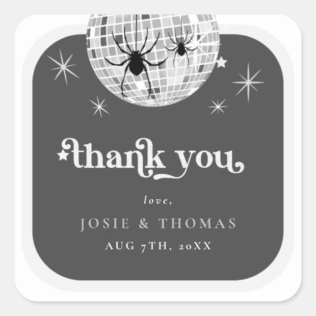Halloween Retro Disco Spiders & Disco Ball Wedding Quadratischer Aufkleber (Vorderseite)