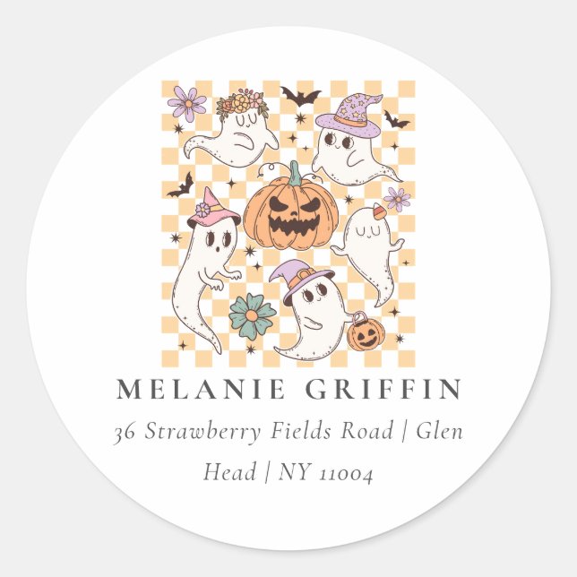 Halloween Retro Ghosts Pumpkins Adresse Runder Aufkleber (Vorderseite)
