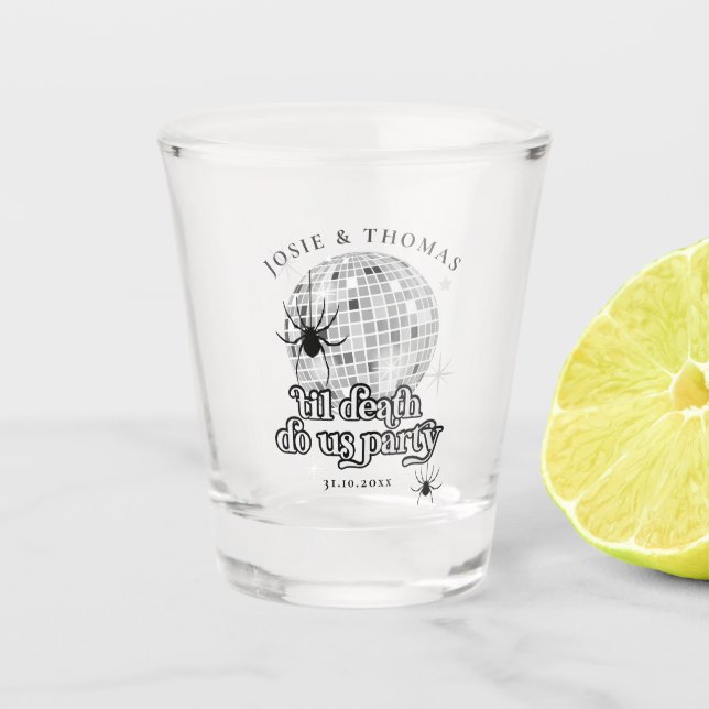 Halloween Retro Spiders & Disco Ball Wedding Schnapsglas (Vorderseite)