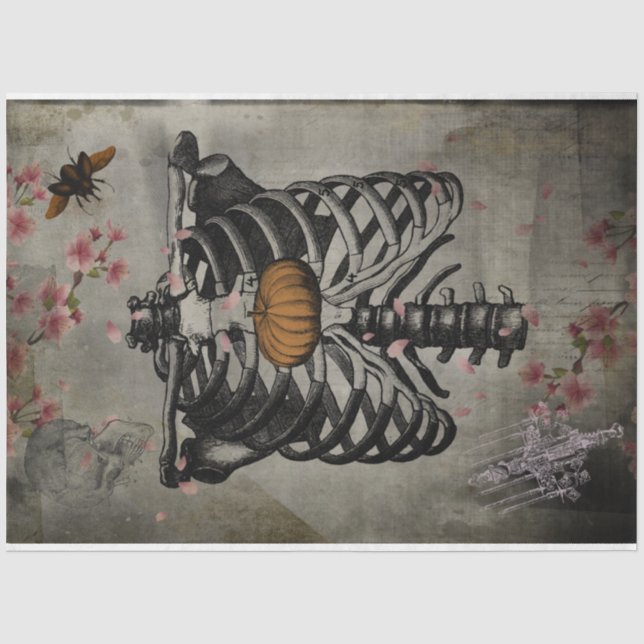 Halloween Rib Cage Pumpkin Herz Floral Ephemera Seidenpapier (Vorderseite)