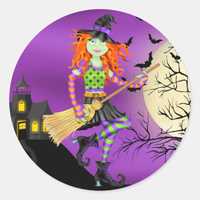 Halloween Rocking Hexe - SRF Runder Aufkleber (Vorderseite)