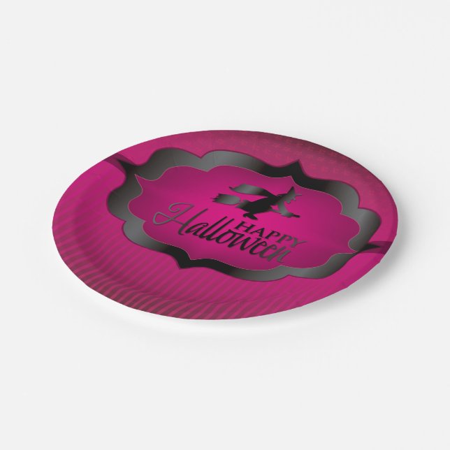 Halloween-Rosa-Hexe Pappteller (Schrägansicht)