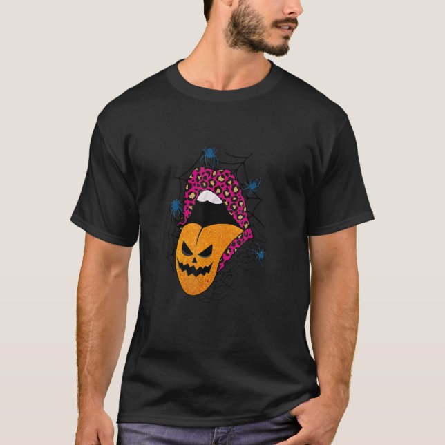 Halloween Rosa Lips Leopard Pattern Pumpkin T-Shirt (Vorderseite)