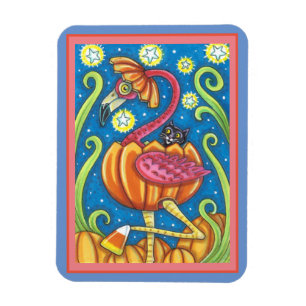 HALLOWEEN ROSAFARBIGER FLAMINGO & SCHWARZE KATZE I MAGNET