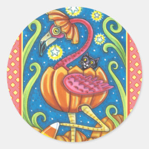 HALLOWEEN ROSAFARBIGER FLAMINGO & SCHWARZE KATZE I RUNDER AUFKLEBER