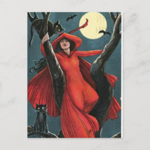 Halloween rote Hexe & schwarze Katze Vintage Feiertagspostkarte