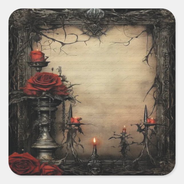 Halloween-rote Rose mit Kerzen Quadratischer Aufkleber (Vorderseite)