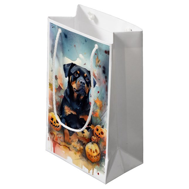 Halloween Rottweiler mit Pumpkins Beängstigend Kleine Geschenktüte (Vorderseite Schrägansicht)