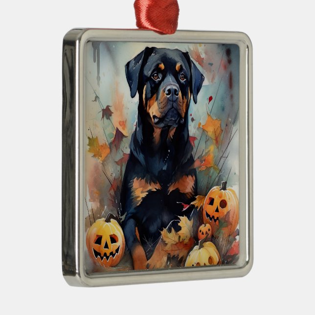 Halloween Rottweiler mit Pumpkins Beängstigend Ornament Aus Metall (Rechts)
