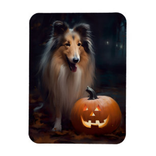 Halloween Rough Collie mit Pumpkins Beängstigend Magnet