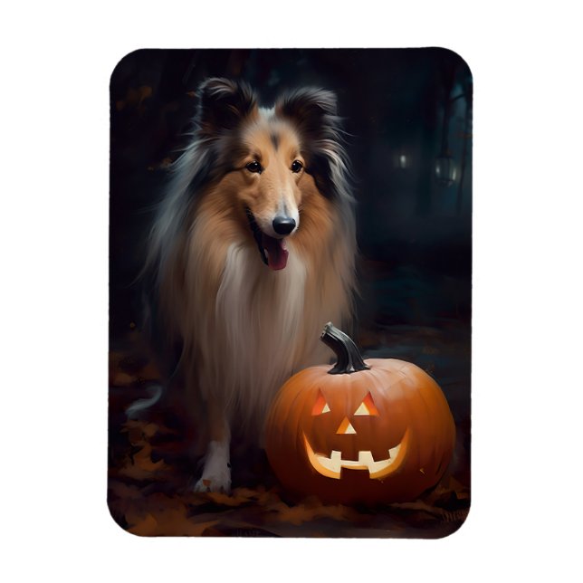 Halloween Rough Collie mit Pumpkins Beängstigend Magnet (Vertikal)