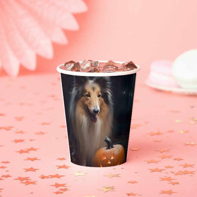 Halloween Rough Collie mit Pumpkins Beängstigend Pappbecher (Insitu)