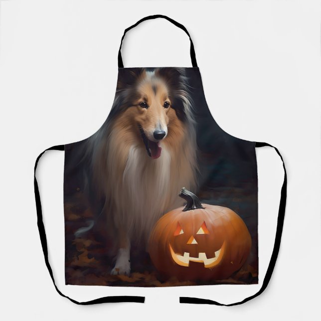 Halloween Rough Collie mit Pumpkins Beängstigend Schürze (Vorderseite)