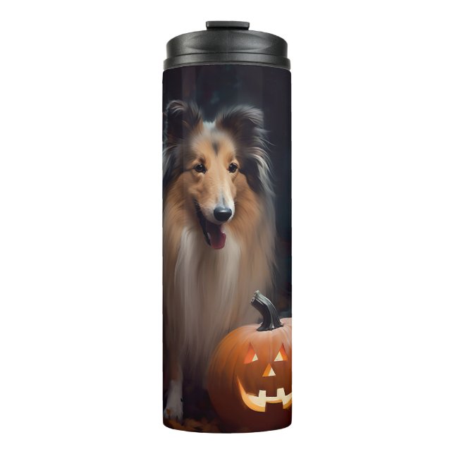 Halloween Rough Collie mit Pumpkins Beängstigend Thermosbecher (Vorderseite)